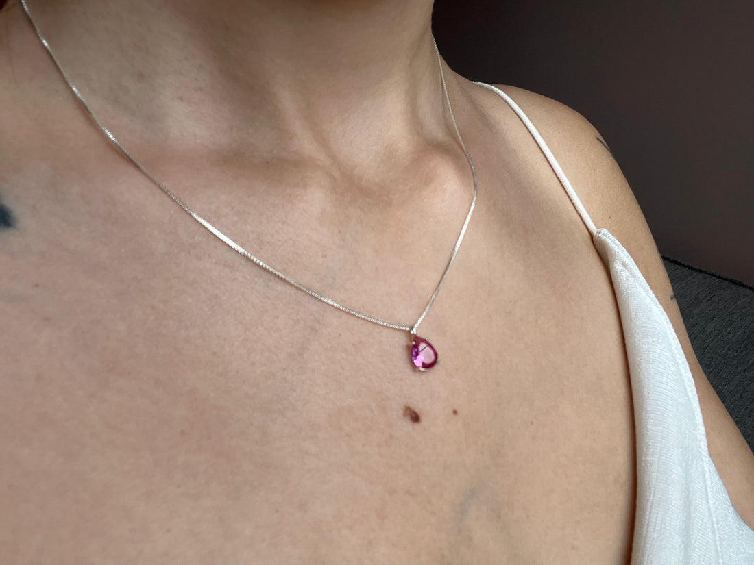 COLAR DE PRATA 925 - PEDRA OVAL - ROSA